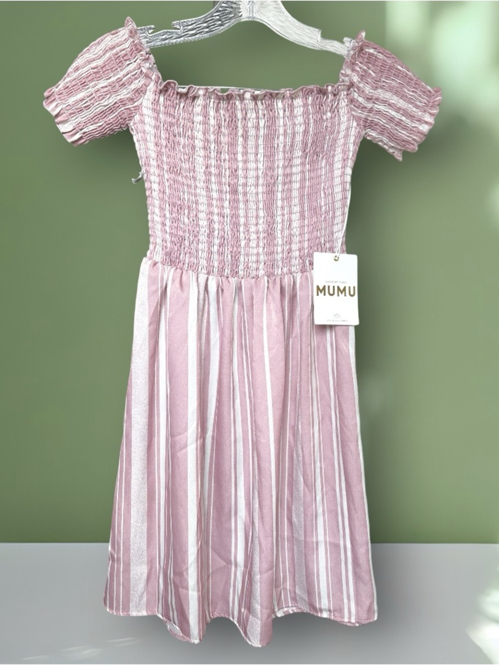 NWT Show Me Your MuMu Pink Striped Smocked Off-Shoulder Mini Dress XS